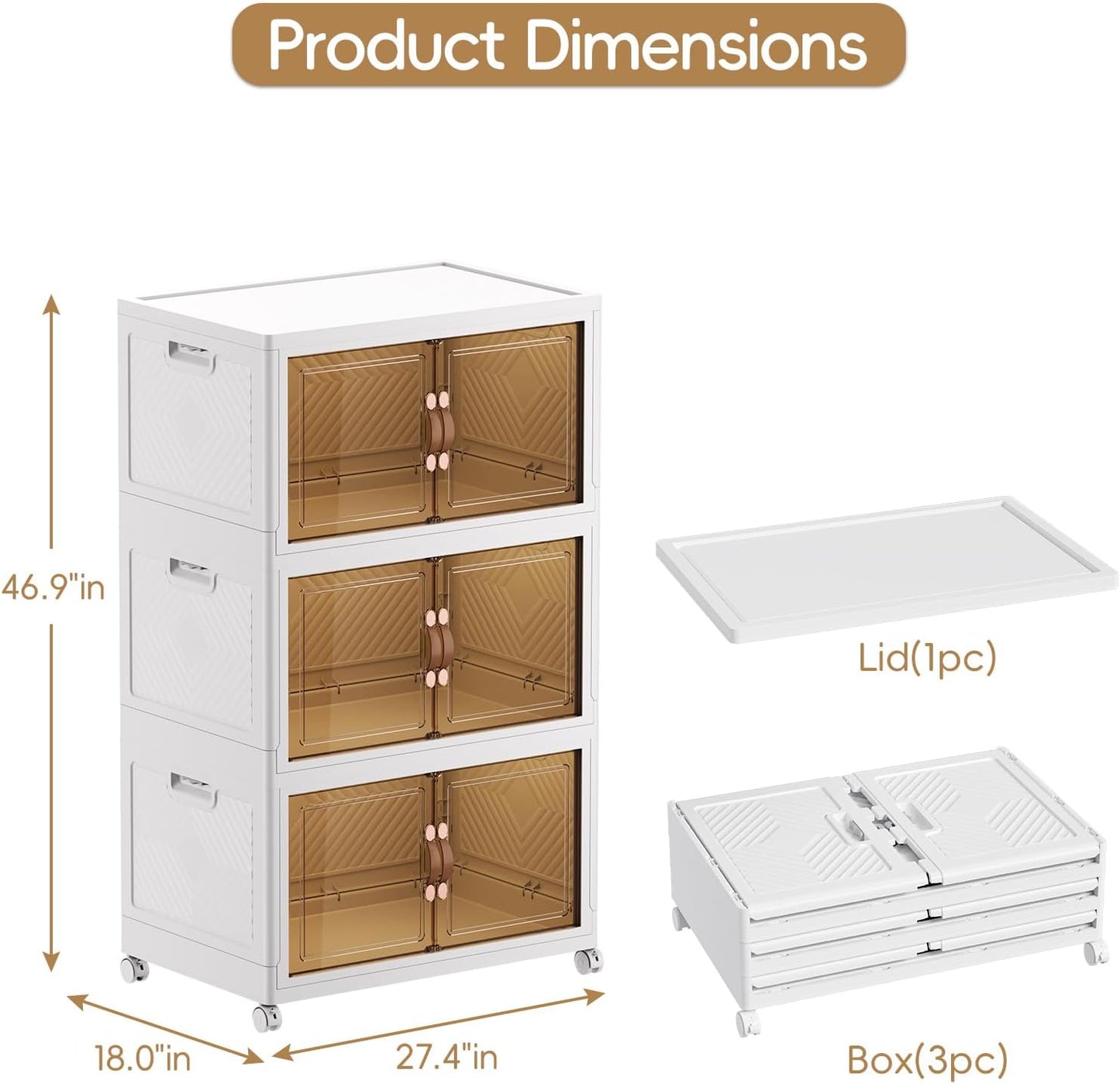 JEKO&JEKO 400Qt Stackable Storage Bins with Lids and Wheels, Foldable Collapsible Plastic Boxes for Clothes, Home, White, 3 Pack