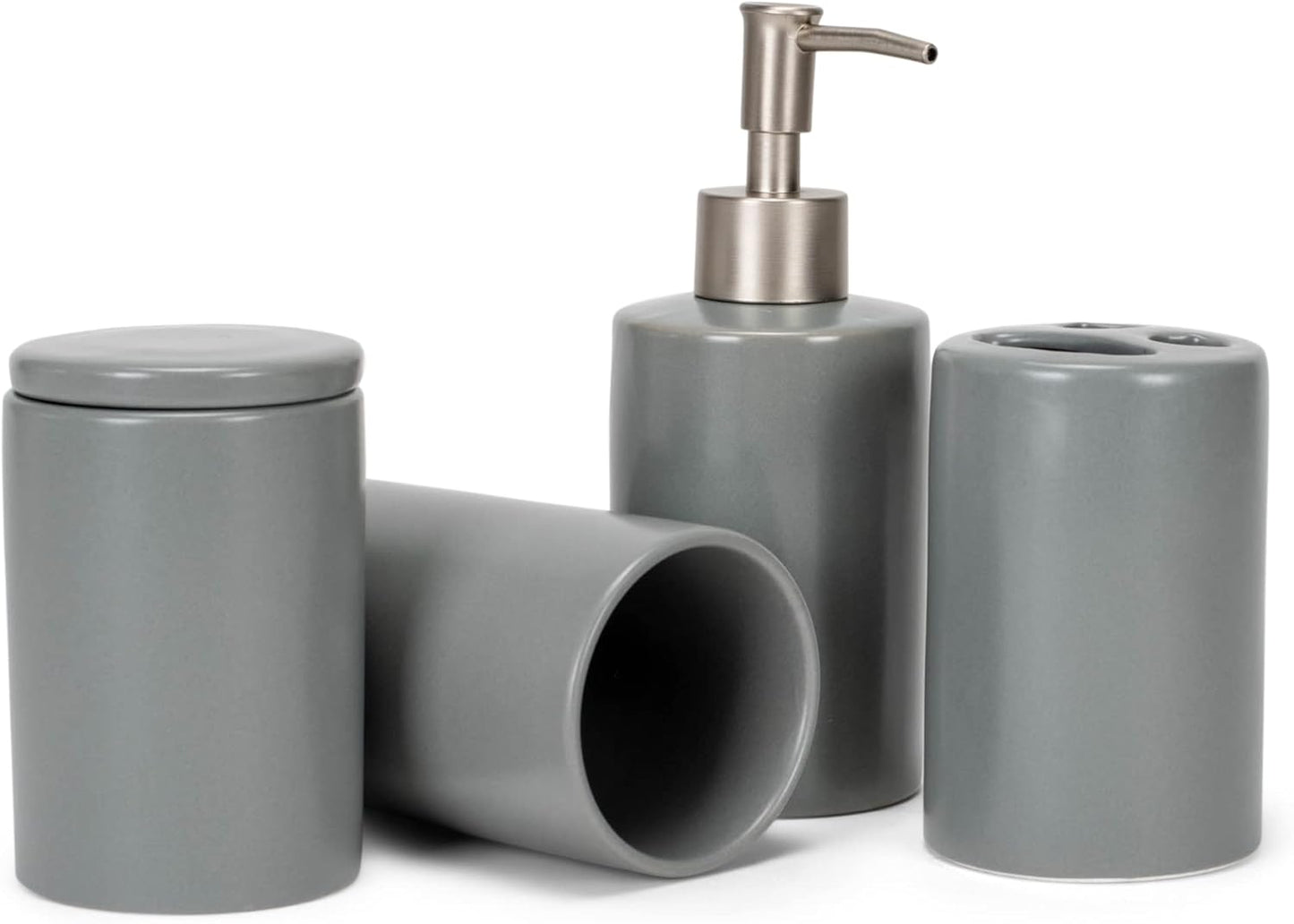NAT & Jules Chic Modern Rounded 4.5 inch Ceramic Bathroom Accessories Set of 4 - Home Décor & Organization Perfect for Bath or Kitchen Household Essentials, Matte Grey