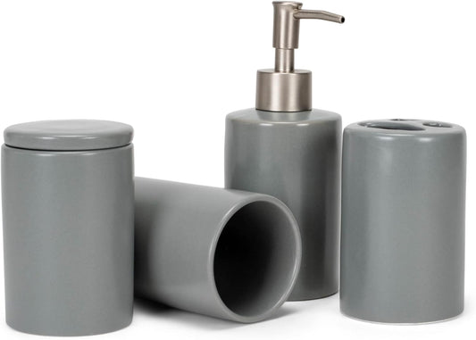 NAT & Jules Chic Modern Rounded 4.5 inch Ceramic Bathroom Accessories Set of 4 - Home Décor & Organization Perfect for Bath or Kitchen Household Essentials, Matte Grey