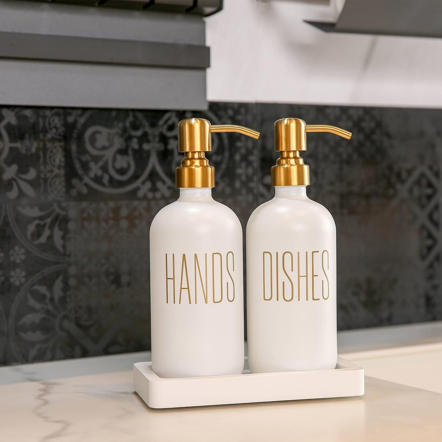 White Soap Dispenser Set, Contains Dish and Hand Soap Dispenser, Perfect for Kitchen Counter Decor. (White)