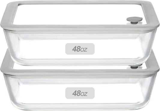Glass Food Containers with Glass Lid, Microwave Safe Food Storage Container Set, 2 Pack of 48oz, Large Size Meal Prep Storage Set with Airtight Leak Proof Lid.