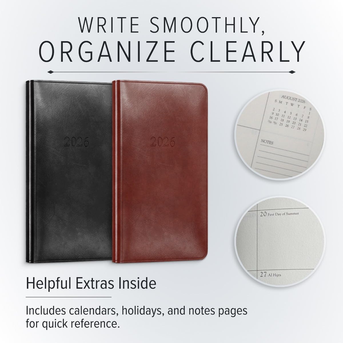 Gallery Leather Pocket Monthly Planner 2025-2026, Elegantly Bound Calendar Planner and Notebook with Stylish Gold-Gilded Page Edges, 18 Months - Acadia Black - 6x3.25""