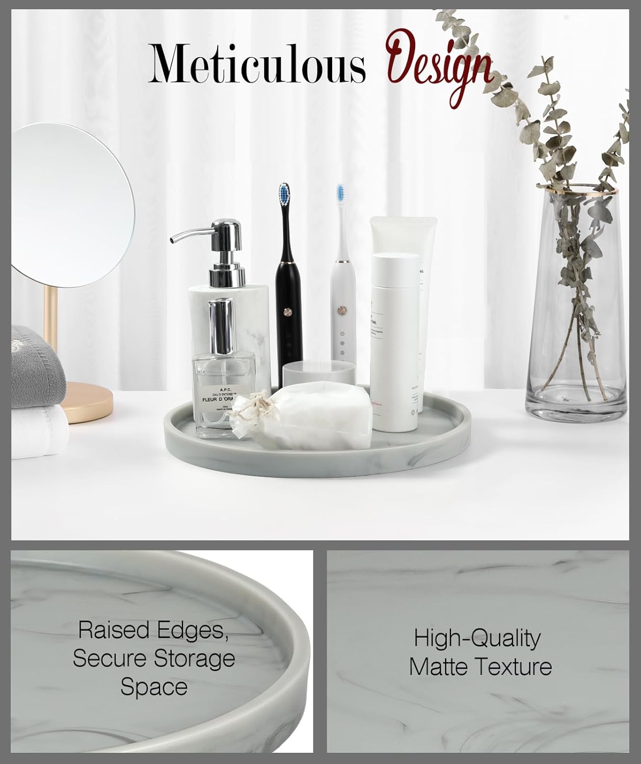 Emibele Vanity Tray, Resin Round Tray Decorative Storage Organizer for Bathroom Toilet Tank Bedroom Kitchen Countertop, Jewelry Storage Dresser for Candle,Lotion Bottle,Cosmetics, Matte Ink Grey