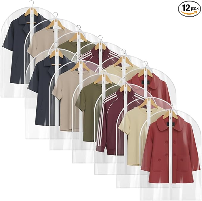 All Clear Garment Bags for Travel - 32” PEVA Waterproof Suit Cover with Zipper for Hanging Clothes, Shirts, Sweaters - Durable Dresser for Closet Storage, Dustproof & Moisture Resistant - 32”/12 Pack
