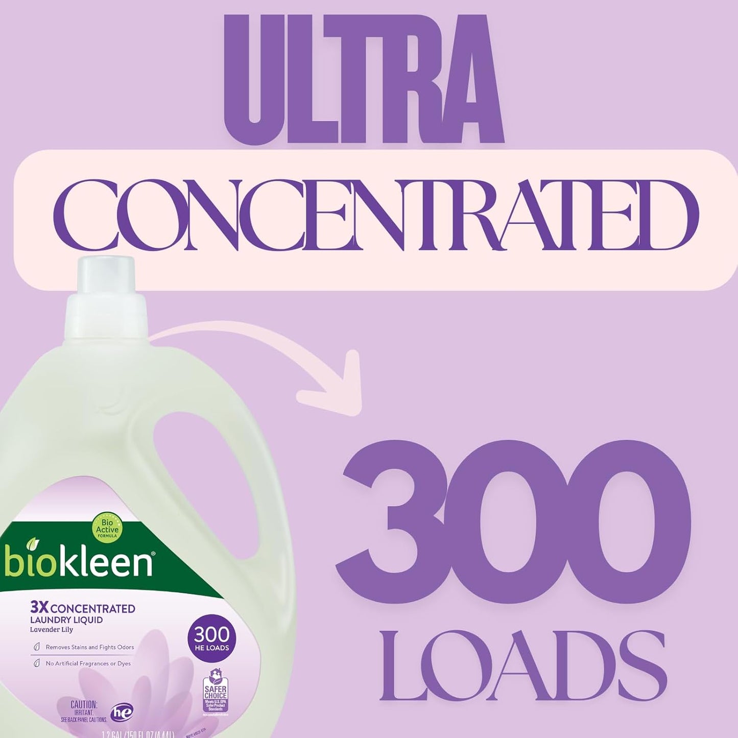 Biokleen Natural Laundry Detergent - 300 HE Loads - Liquid, Eco-Friendly, Plant-Based, No Artificial Fragrance, Colors or Preservatives, Lavender Lily, 150 Fl Oz
