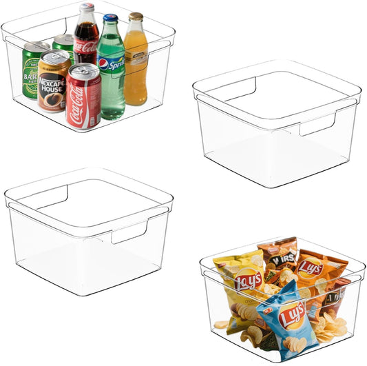MOONEDGE 4-Pack Clear Plastic Storage Bins — Open-Top PET Organizers, 10" x 10" x 6" Storage Containers Ideal for Pantry, Fridge, Shelf and Counter Organization, Small Storage Bins for Home