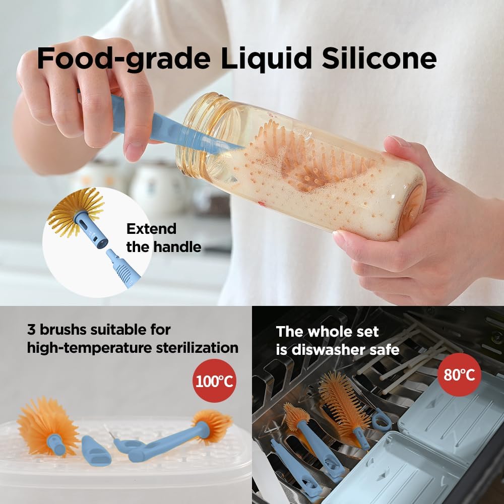 YOTIME Travel Bottle Brush, Travel Bottle Cleaner Kit with Foldable Bottle Drying Rack, for Visit Friends and Relations, Baby Travel Essentials, BPA Free, Blue