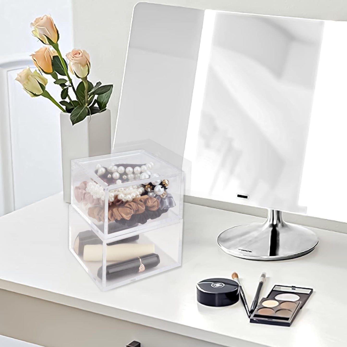 2 Pack Clear Acrylic Organizer with Lid for Paper Clips,Sticky Note,Qtip,Cotton Balls,Hair Ties Holder Acrylic Box for Home Office Bathroom Desk Organizer