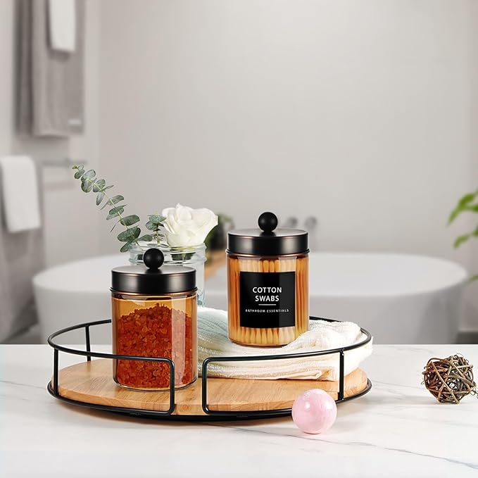 Amolliar Amber Bronze Glass Apothecary Jar With Metal Lid & Labels, Bathroom Qtip Holder Dispenser Storage Canister, Perfect for Cotton Balls, Cotton Swabs, Makeup Pads, Bath Salt, Floss, 2 Pack (ORB)