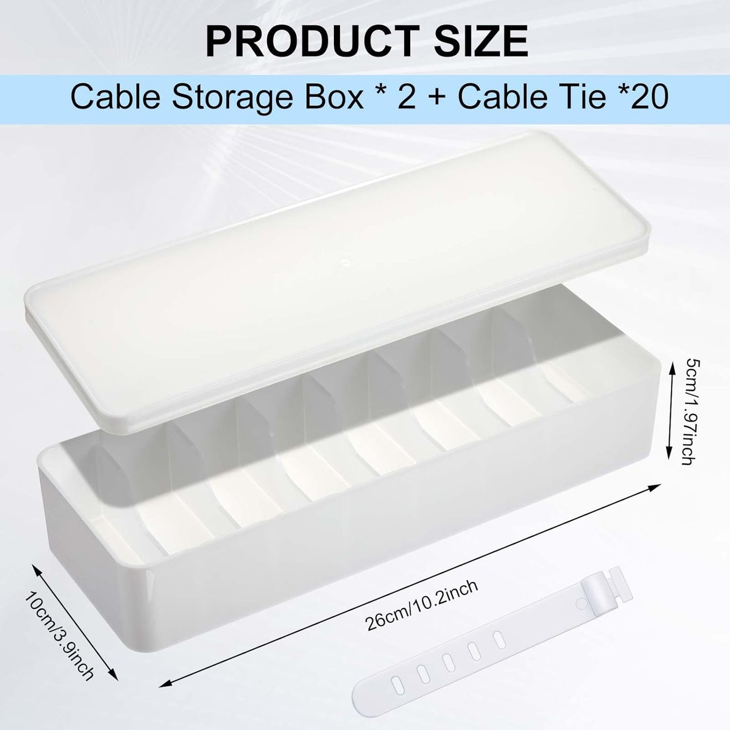 Tatuo 2 Pcs Cable Organizer Box with Wire Ties, Plastic Cord Storage Box with Lid, Electronics Organizer for Home Office Desk Organizers and Accessories (White)