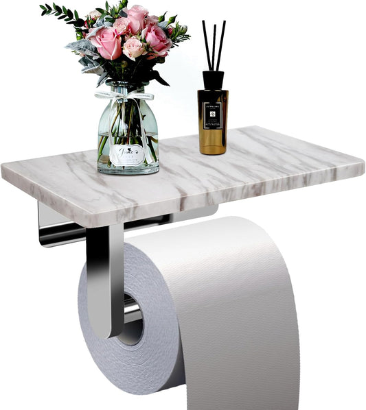Toilet Paper Holder with Natural Marble Shelf for Bathroom Washroom,Wall Mounted Tissue Holder Suitable for Mega Roll (Brushed Nickel, Middle 7.87 * 4.72 in)