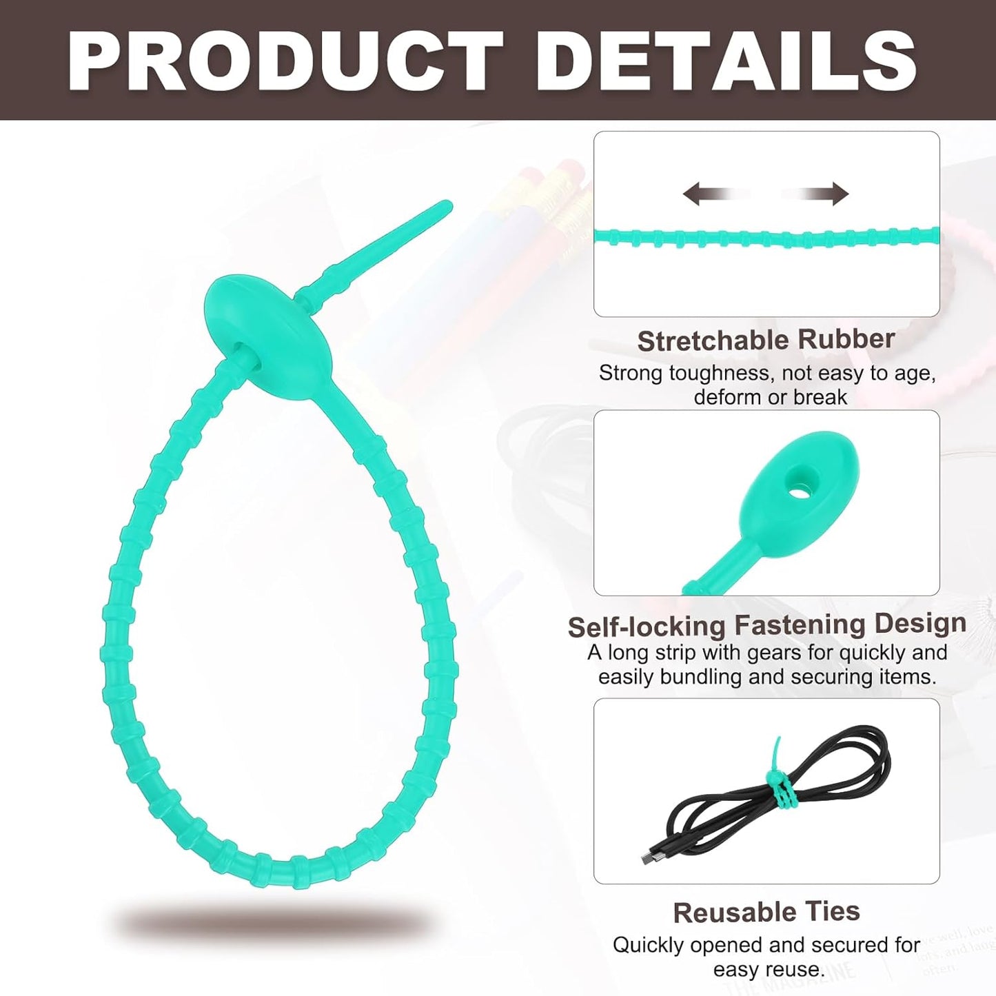 uxcell 20 Pcs Silicone Ties Bag Clip, 8.5 Inch Multi Purpose Silicone Zip Ties Reusable Rubber Zip Tie, Cable Strap Cord Organizer for Home Office Food Bag Wires Cables, Blue Green