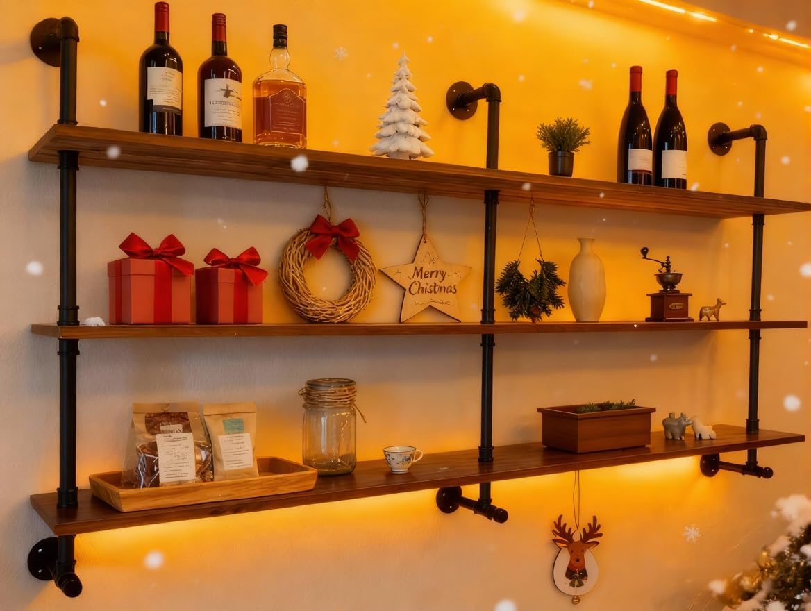 ROGMARS Industrial Pipe Wall Shelves Pipe Shelving with Real Wood Plank,70 Inches Floating Shelves for Wall Farmhouse Pipe Book Shelves Dark Brown 3Tier for Kitchen,Living Room Decor and Bar Shelving