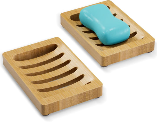 AmazerBath Soap Holder, Bamboo Soap Dish, Wooden Soap Holder Soap Dish, 2 Pack Bamboo Soap Holder, Soap Dishes for Bar Soap, Wooden Soap Tray, Kitchen Soap Tray Self Draining (Wooden Color)