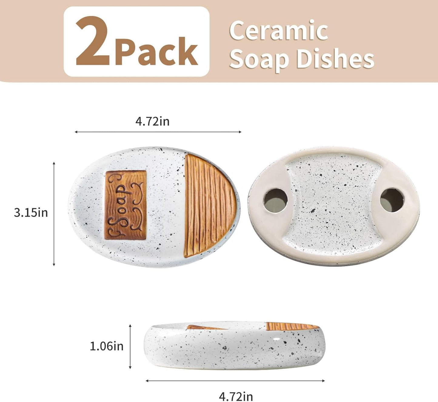 2 Pack Ceramic Soap Dish for Shower, Soap Holder for Bar Shampoo Soap Tray Container for Bathroom Kitchen Sink Decorative Sponge Saver Small Farmhouse Kitchen Home Decor