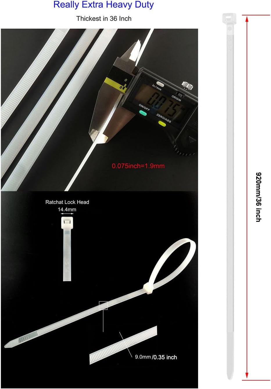 HS Extra Long Heavy Duty Zip Tie Straps (50 Pack) Thick 0.35 Inch Plastic Duct Zip Ties Heavy Duty 200 Pounds Clear,White Large Zip Ties 36 Inch for HVAC,Travel,Packaging,Vessel