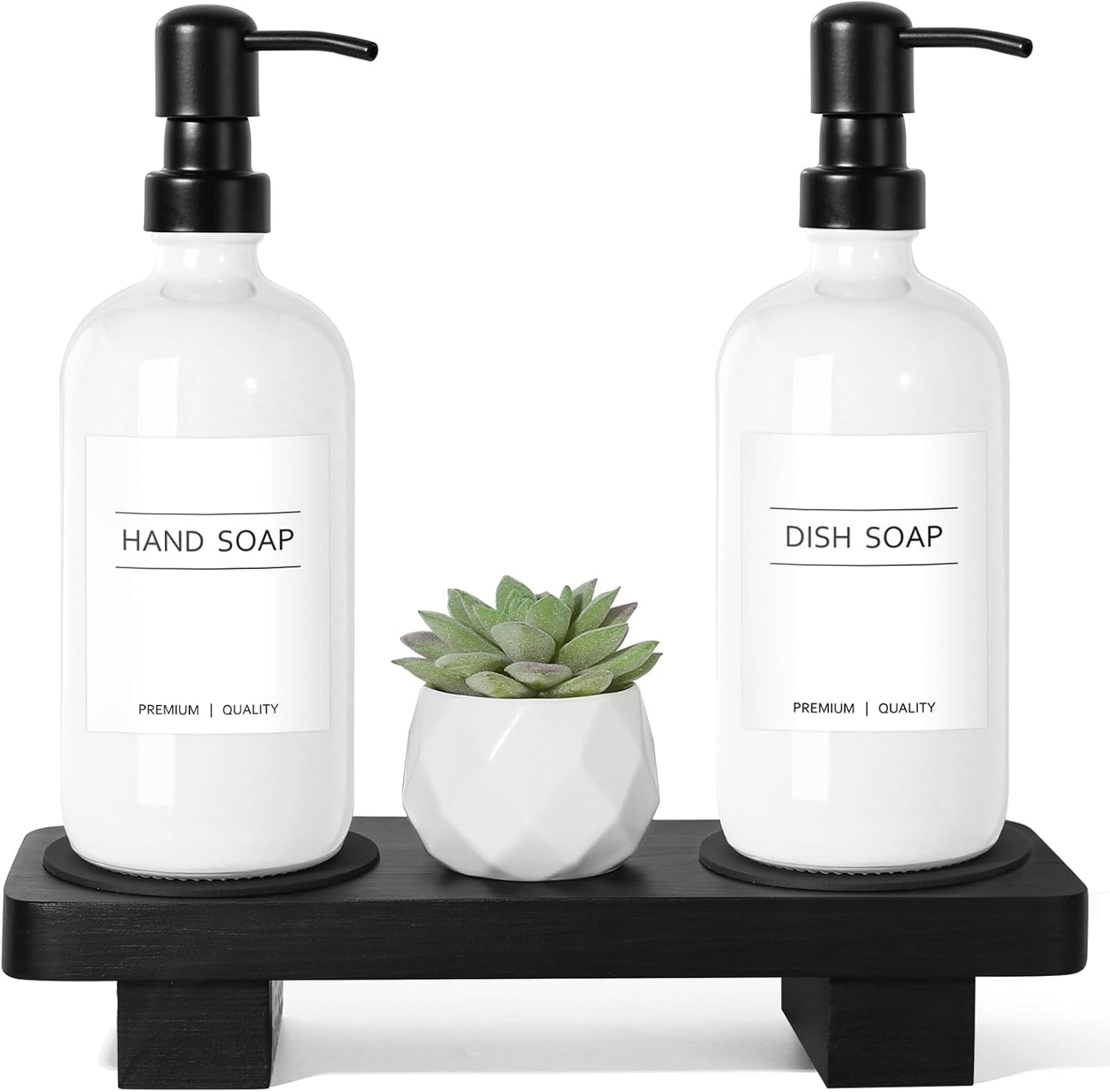 Hand Soap Dispenser for Kitchen, White Soap Dispensers with Stainless Steel Pump, Bathroom Soap Dispenser Set with Wood Riser Tray, Kitchen Dish Soap Dispensers Bathroom Decor(White)