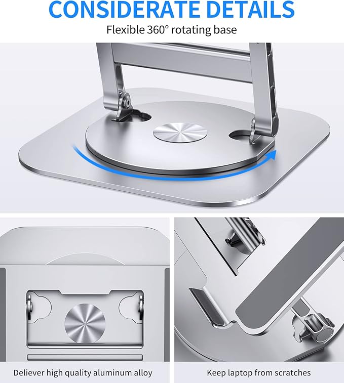 Adjustable Laptop Stand with 360 Rotating Base, Stable Computer Stand for Laptop Ergonimic Foldable Laptop Riser for Desk Compatible with MacBook Pro/Air Notebook up to 16 Inches, Silver