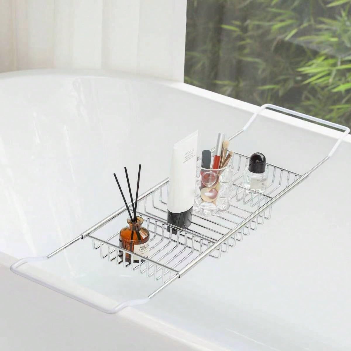 Stainless Steel Expandable Shower Bathtub Tray Over Tub Bath Caddy Expandable Bath Caddy for The Elegant Tub Chrome Polished (Silver)