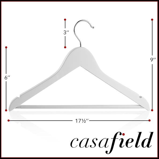 Casafield - 20 White Wooden Suit Hangers - Premium Lotus Wood with Notches & Chrome Swivel Hook for Dress Clothes, Coats, Jackets, Pants, Shirts, Skirts
