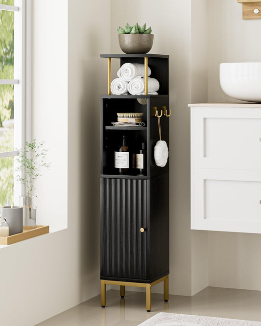 Bathroom Storage Cabinet,Small Corner Floor Cabinet with 2 Hook,Narrow Tall Toilet Paper Cabinet with Adjustable Shelves,Bathroom Organizer for Living Room,Small Spaces (Wave, Black-37''H)
