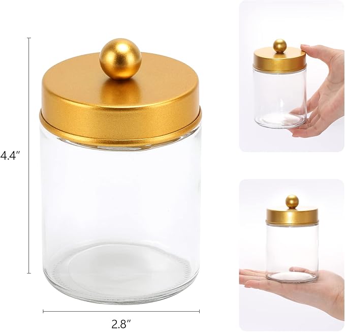 Tbestmax 4 Pack Glass Qtip Holder Dispenser, 10-Ounce Restroom Bathroom Organizers and Storage Containers, Apothecary Jars with Metal Lids for Cotton Ball Swab Pad, Gold