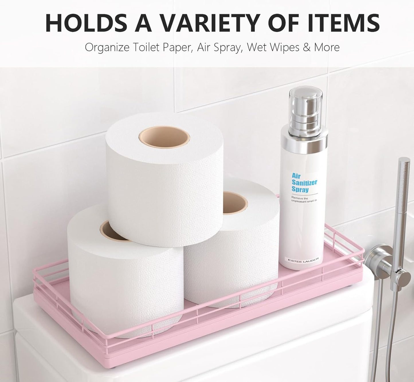 Toilet Tank Tray Organizer – Oak Wood Bathroom Counter Basket with Metal Frame, Back of Toilet or Tank Top Paper Holder Storage – Pink Modern Decor