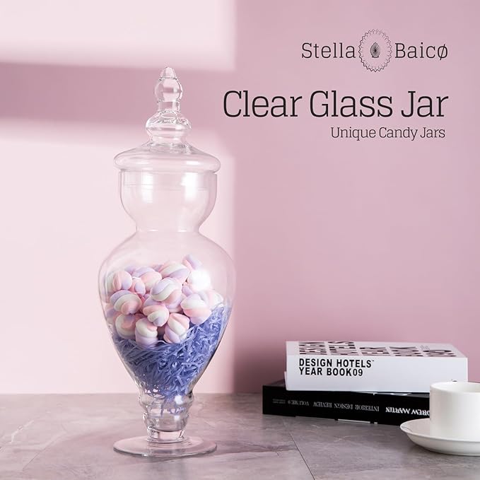 Large Apothecary Jars Glass, Clear Glass Candy Jar wiht Lids, Elegant Glass Candy Containers, Decorative Glass Jars for Wedding, Display and Party (Height: 15", Diameter: 6.7")