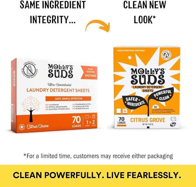 Molly’s Suds Laundry Detergent Sheets | Gentle on Sensitive Skin, Powerful Bio-Based Enzymes, Stain-Fighting | Liquidless & Plastic-Free Packaging | 120 Loads (Citrus Grove)
