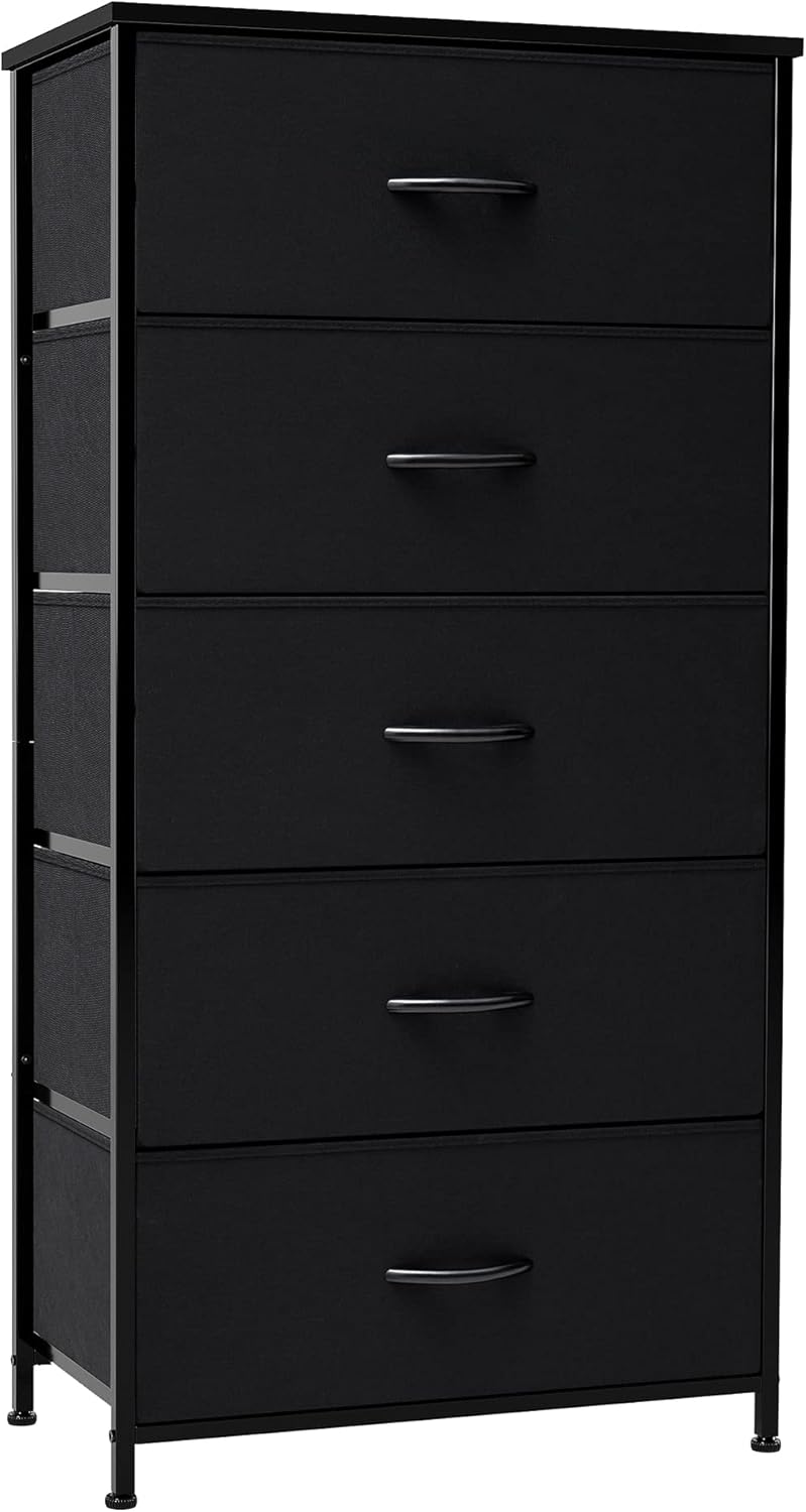 Crestlive Products Vertical Dresser Storage Tower - Sturdy Steel Frame, Wood Top, Easy Pull Fabric Bins - Wide Organizer Unit for Bedroom, Hallway, Entryway, Closets - 5 Drawers(Black)