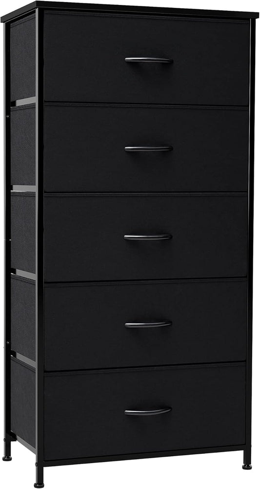 Crestlive Products Vertical Dresser Storage Tower - Sturdy Steel Frame, Wood Top, Easy Pull Fabric Bins - Wide Organizer Unit for Bedroom, Hallway, Entryway, Closets - 5 Drawers(Black)