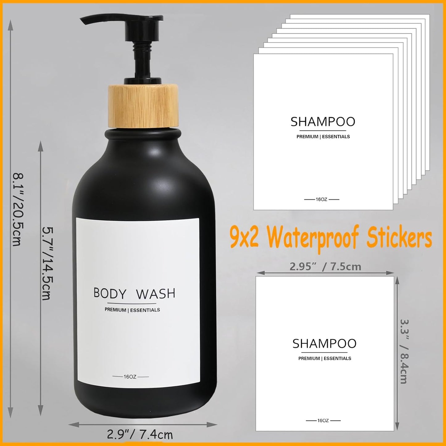 Frosted Plastic Shampoo and Conditioner Bottles, Apothecary Dispenser Bamboo Pump, Refillable Bottles for Shower Lotion, Oil, Hand Soap, Sanitizer, Liquid Soap, Set of 3 with 9 Labels (6, Matte Black)