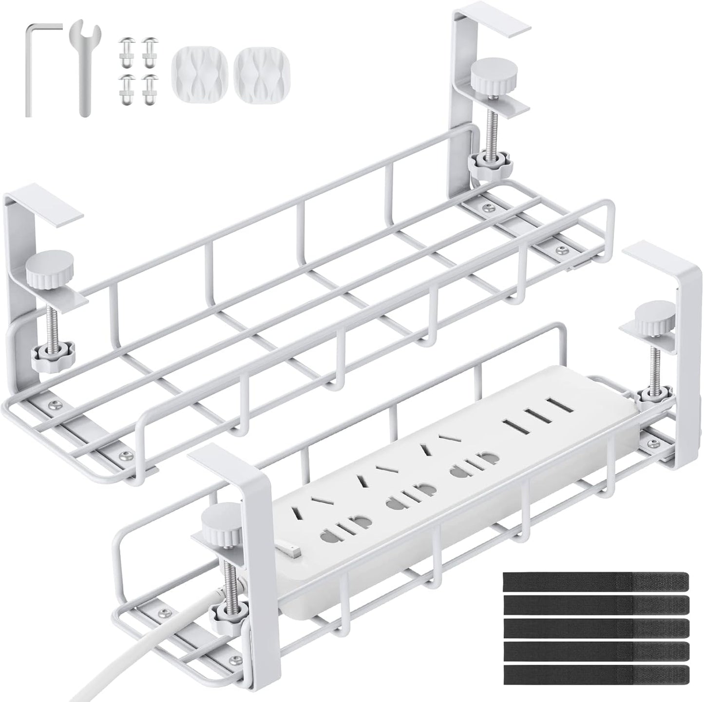 Under Desk Cable Management Tray, 31.5'' No Drill Steel Cable Tray Organizers, Wire Management Tray Cable Rack with Clamp Mount, Metal Under Desk Tray with Wire and Cord Organizer (White, 2 Pack)