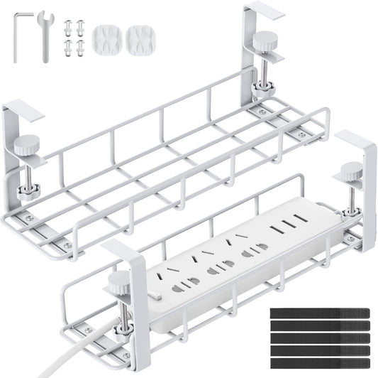 Under Desk Cable Management Tray, 31.5'' No Drill Steel Cable Tray Organizers, Wire Management Tray Cable Rack with Clamp Mount, Metal Under Desk Tray with Wire and Cord Organizer (White, 2 Pack)