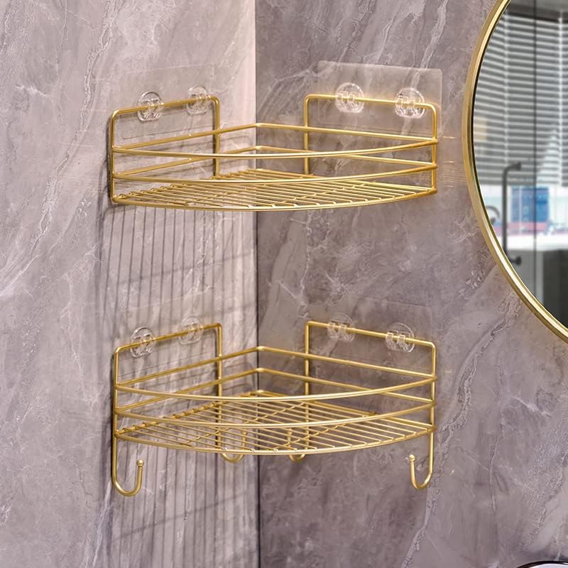 Corner Shower Shelves with 4 Hooks, 2-Tier Stainless Steel Bathroom Shower Organizers, Wall Mounted Caddy Shelves No Drilling with Adhesive, Triangle Storage Shelf for Toilet, Dorm and Kitchen, Gold