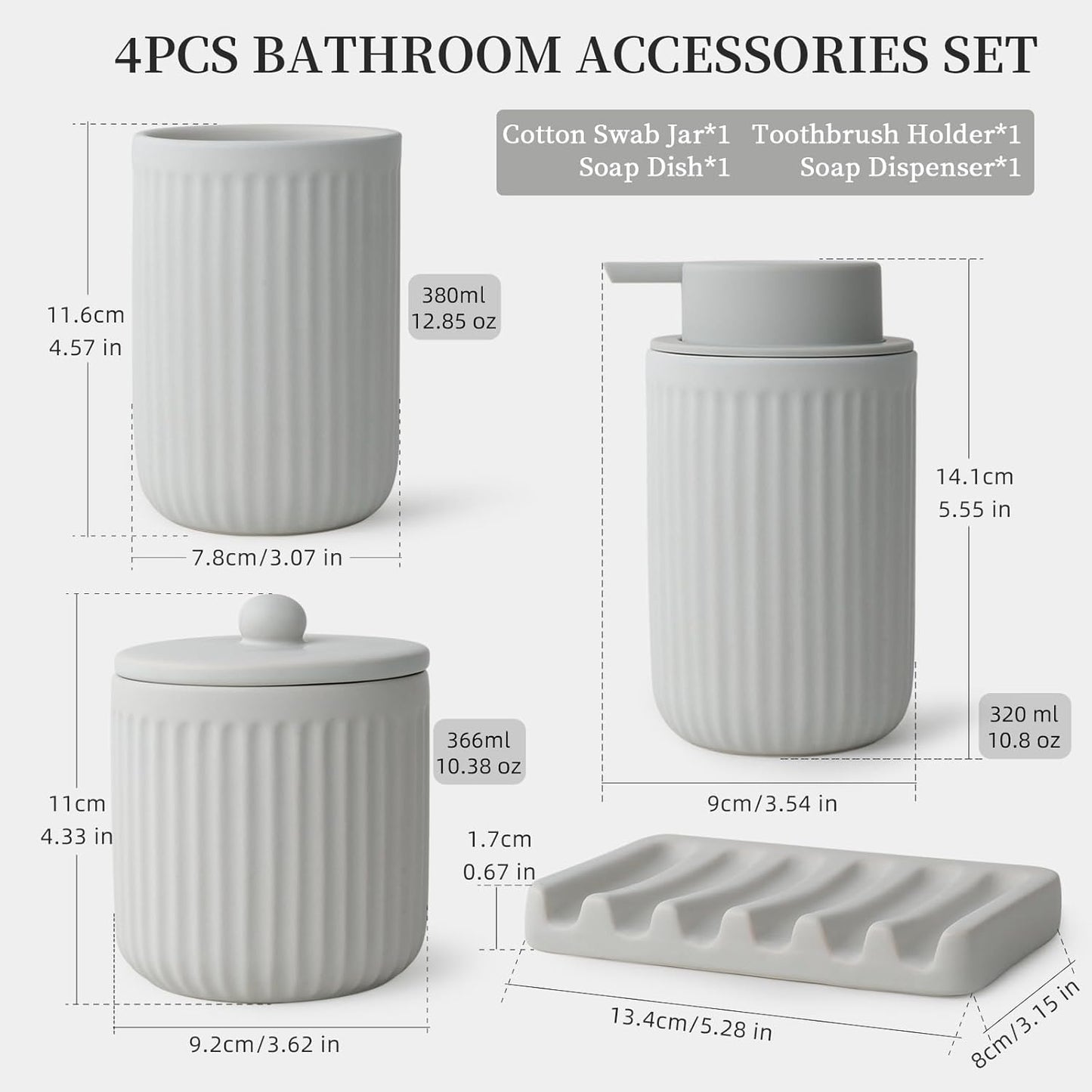 BosilunLife Ceramic Bathroom Accessories Set - Bathroom Counter Soap Set Light Grey Bathroom Decor Sets Accessories Bathroom Lotion Soap Dispenser and Toothbrush Holder Set, Soap Dish, Apothecary Jars
