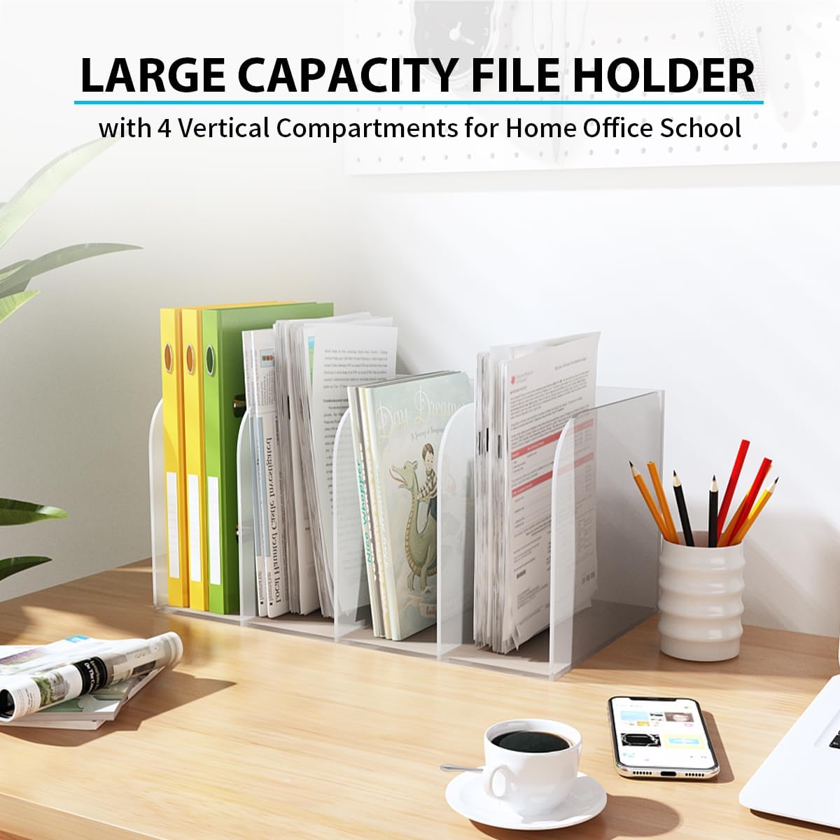 Acrylic Magazine File Holder, Vertical Desk File Organizer Sorter with 4 Compartments, Clear Mail Organizer Office Organization Storage Binder Holder for Desk, Magazine, Books