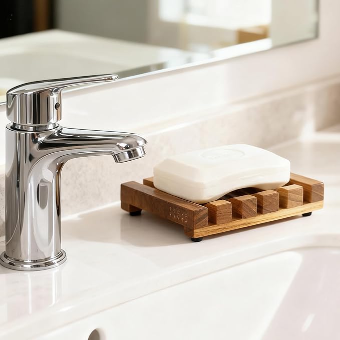 Slotted Bar Soap Holder Teak Wood by HTB, Kitchen Wooden Sponge Holder, Self Draining Soap Dish for Shower, Sink, Bathroom, Bathtub, RV