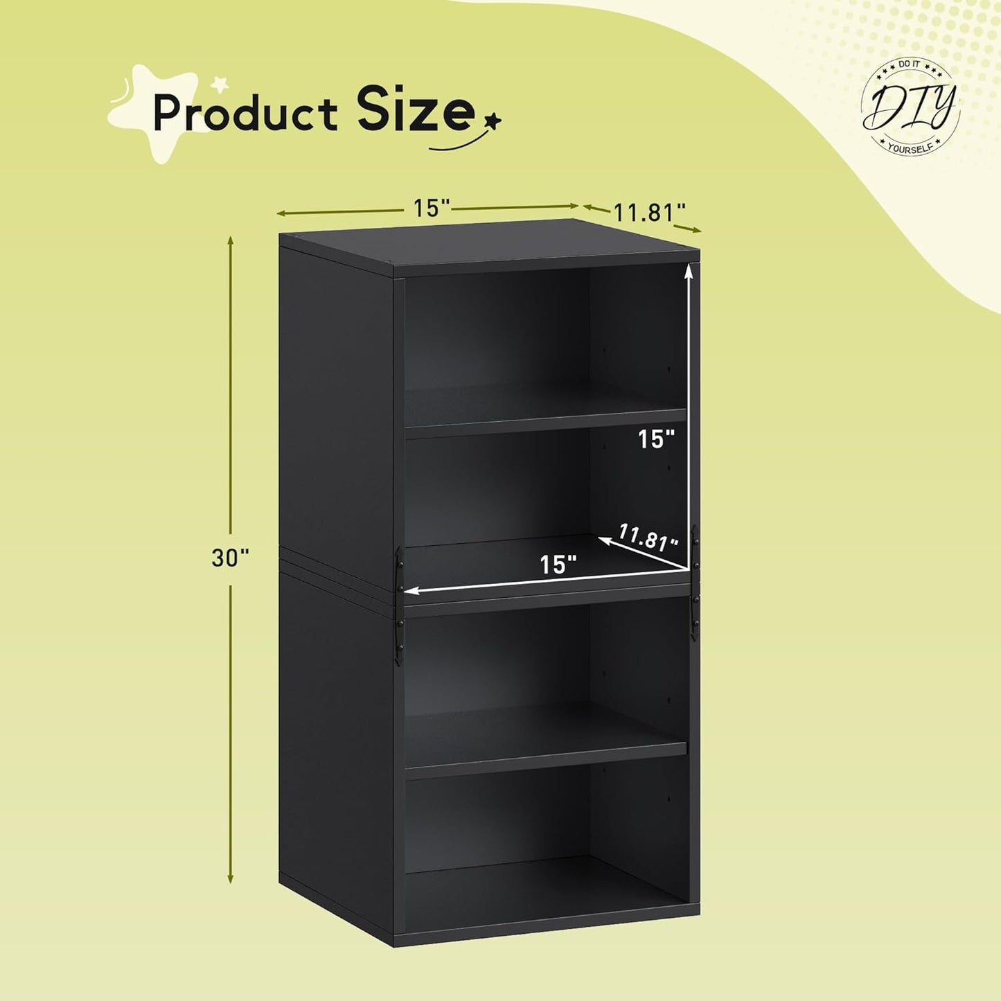 2-Tier Stackable Cube Storage Organizer, DIY Bookcase with 2 Removable Open Shelves & Anti-Tip Design, Cube Book Shelf for Bedroom, Office, Dorm,15" W x 11.81" D x 30" H, Black