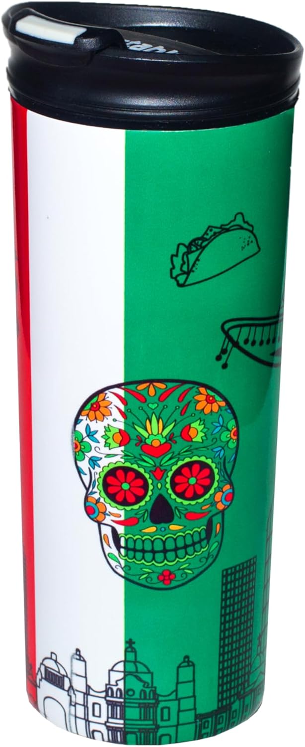 Mexico Vacuum Insulated Stainless Steel Thermal Travel Mug, 16 oz, Easy Clean, Flip leak Proof Lid Mexican Flag with Icons from Mexico…