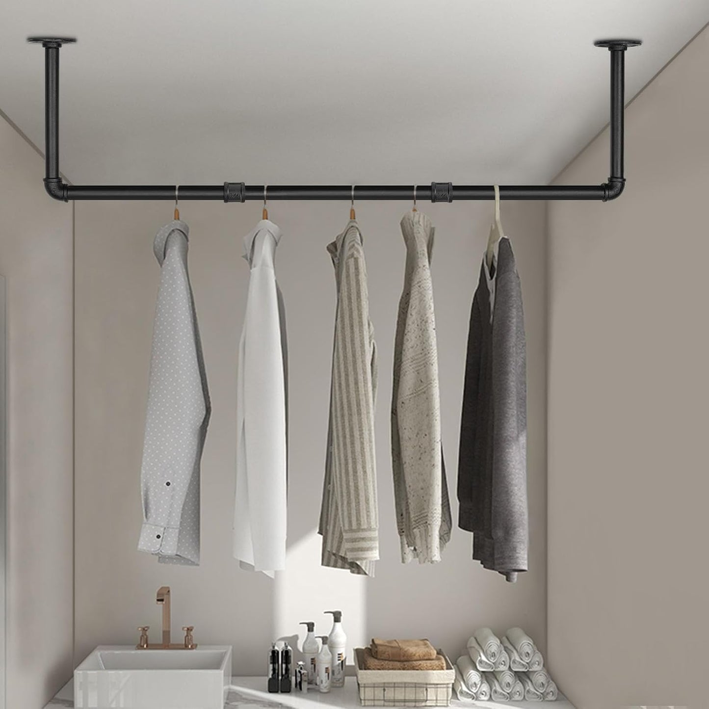 Industrial Iron Pipe Clothes Hanging Bar DIY Wall-Mounted Garment Rack Heavy Duty Clothing Rack for Bedroom, Laundry Room, Closet Storage (Black 40 inch)