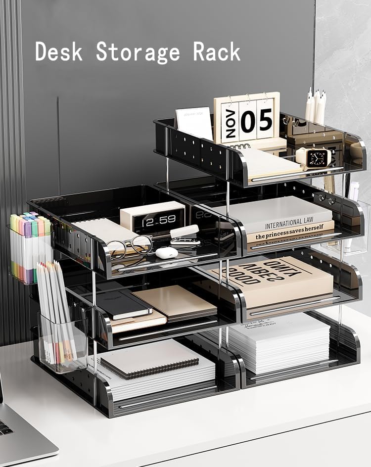 Black Acrylic Desk Organizer, Multi-Tier Letter Tray with Pen Holder, Office Storage for Documents and Supplies