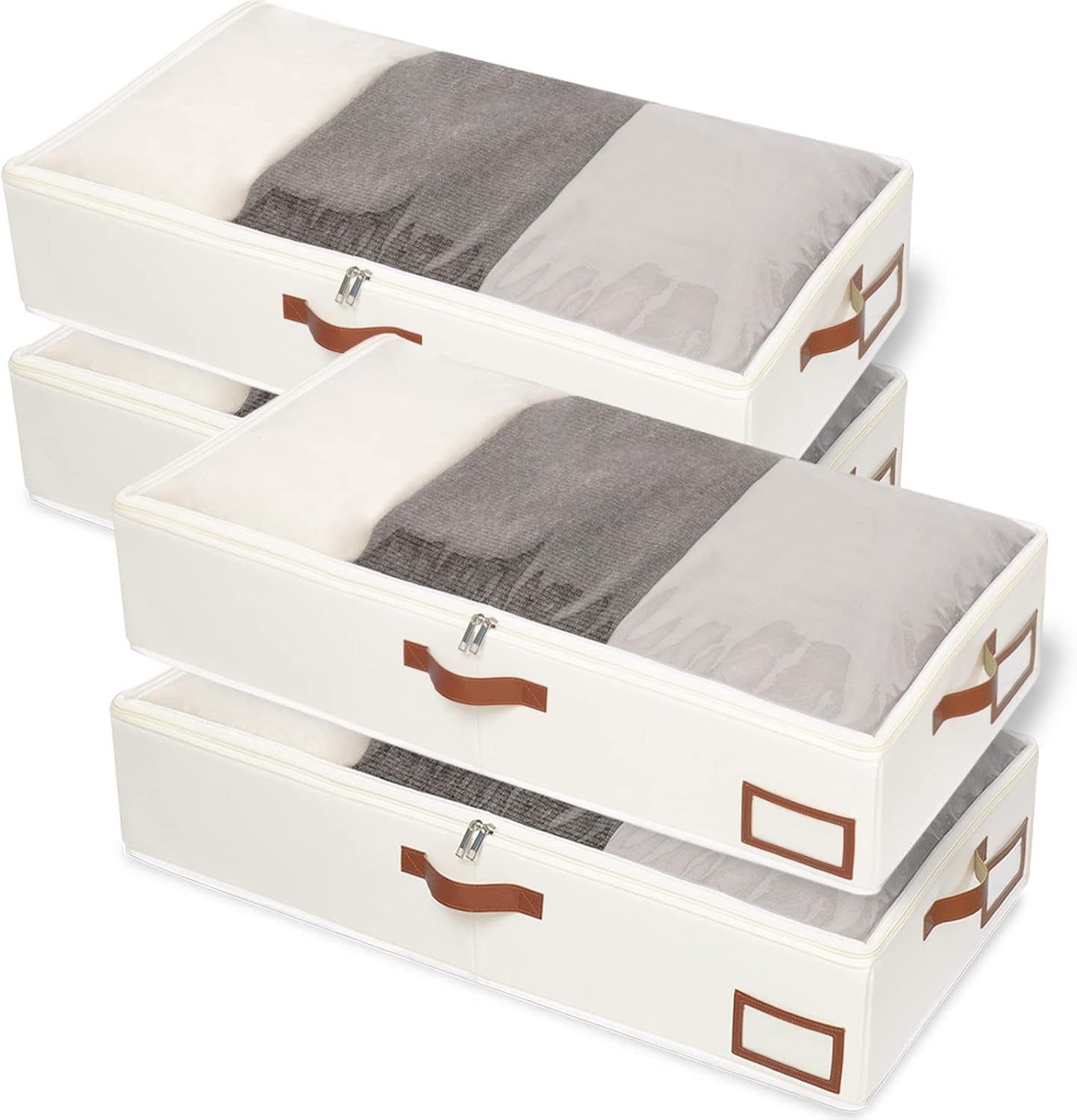 Yawinhe Under Bed Storage, 4 Pack Closet Organizers, Collapsible Container Bags, with Sorting Card Slot and 4 Leather Handles, for Blanket, Bedding, 23.6''Lx11.8''Wx6''H, Beige