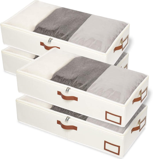 Yawinhe Under Bed Storage, 4 Pack Closet Organizers, Collapsible Container Bags, with Sorting Card Slot and 4 Leather Handles, for Blanket, Bedding, 23.6''Lx11.8''Wx6''H, Beige