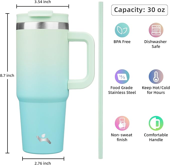 30 oz Tumbler with Handle and 2 Straws,2 in 1 Lid Insulated Water Bottle Stainless Steel Travel Coffee Mug,Mint