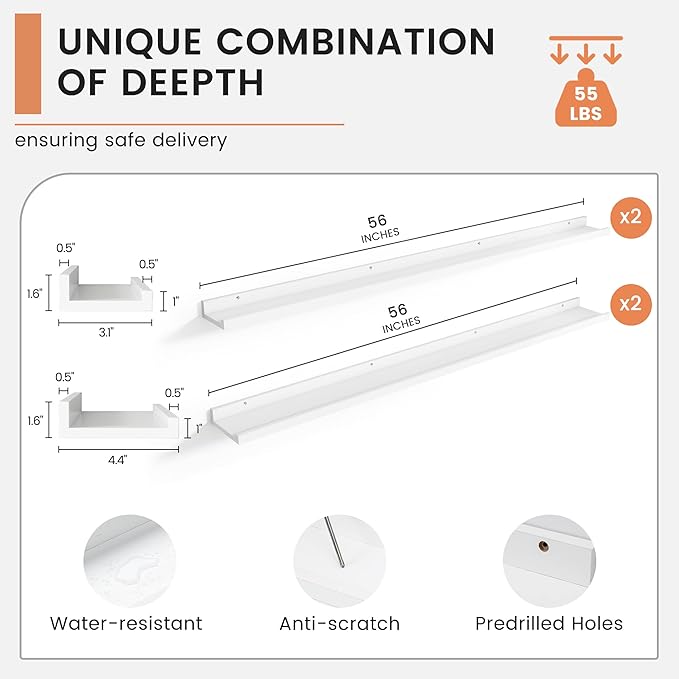 Floating Picture Ledge Shelves Set of 4, 56 Inch Long Large Nursery Book Shelf for Toys Storage Kids Bookshelf Wall Mounted Living Room Bedroom Decor Frames