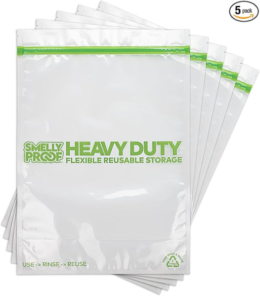 Smelly Proof HEAVY DUTY Reusable STAND-UP Bags for Food Storage, USA Made, NO PEVA & BPA FREE, Reusable Freezer Bags, Dishwasher-Safe, Triple Zip, CLEAR 5-mils XXL 2-Gallon 12" x 16" - 5pk
