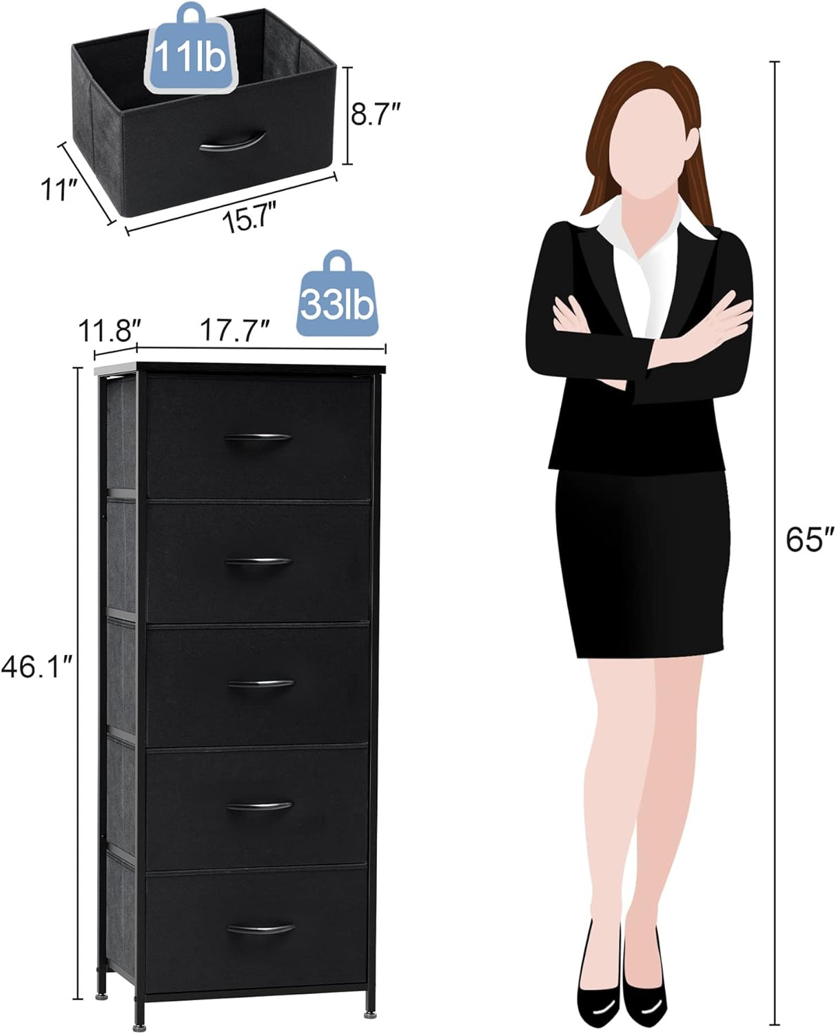 Crestlive Products Vertical Dresser Storage Tower - Sturdy Steel Frame, Wood Top, Easy Pull Fabric Bins - Organizer Unit for Bedroom, Hallway, Entryway, Closets - 5 Drawers(Black)