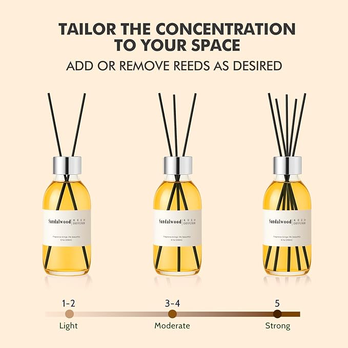 Clesh Reed Diffuser Set, 6.7 oz Sandalwood Scented Diffuser with Sticks, Home Fragrance Reed Diffuser for Bathroom Shelf Decor
