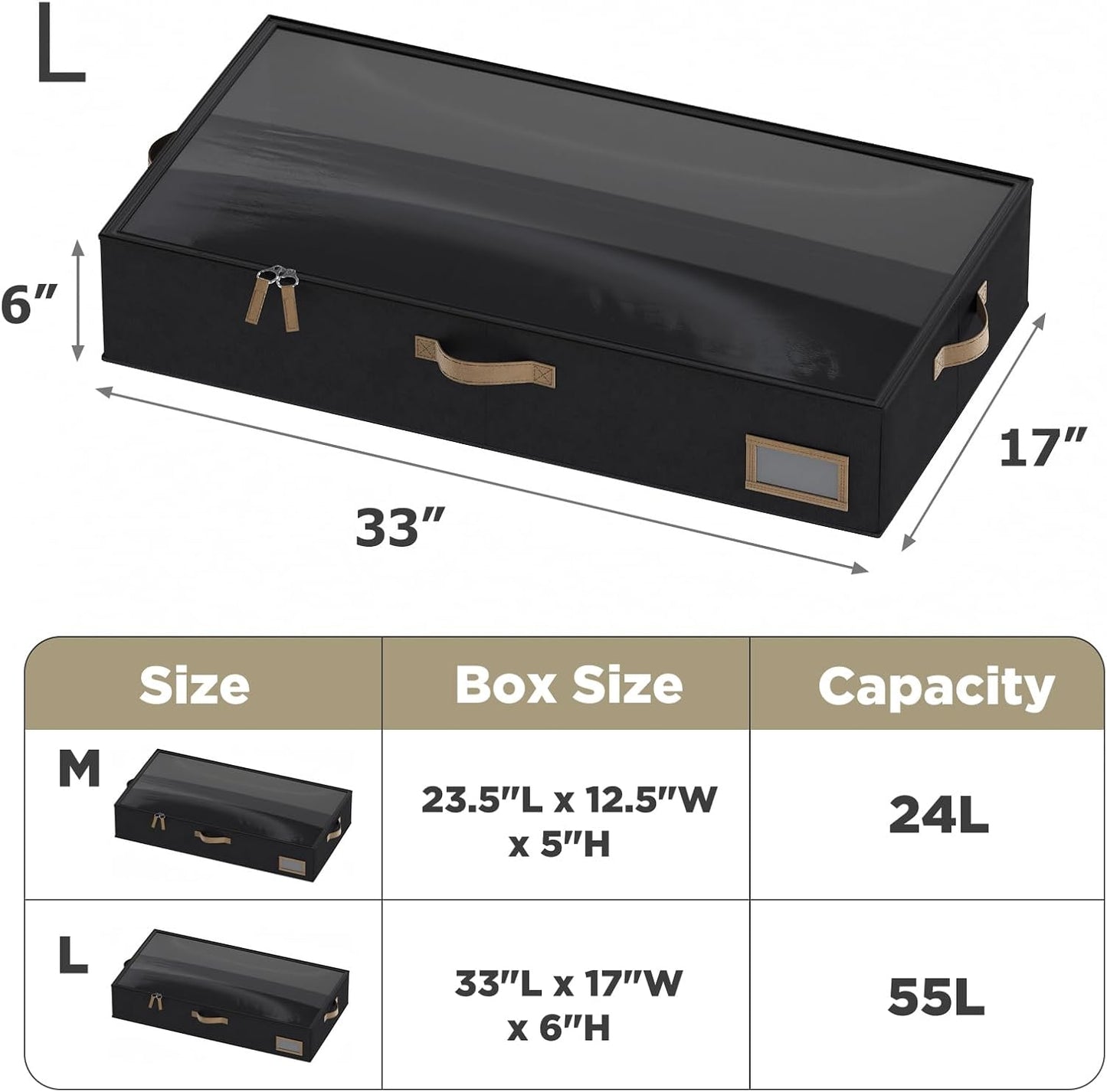 Under Bed Storage, Under Bed Storage Containers Bins for Clothes, Large Linen Underbed Closet Organization Bins, 2 Pack Collapsible Underbed Bin Dorm for Clothes, Sweater, Black